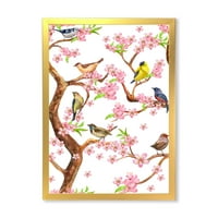Шарени мали птици на пролетни цвеќиња дрво врамени сликарство платно уметничко печатење