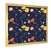 DesignArt 'Yellowолти и портокалови диви цвеќиња на темно сина' Традиционална врамена уметничка печатење