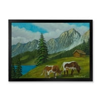 DesignArt 'крави на зелена ливада со планински пејзаж со „фарма куќа врамена уметност печати