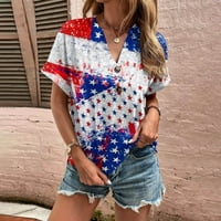 Ханас Блузи Мода Жените Лабава Лето Денот На Независноста Печатење V Копче За Вратот Копче Краток Ракав Обичните Врвови Небото