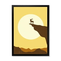 DesignArt 'Минималистички елен на зајдисонце на планинскиот врв' езерото куќа врамена уметничка принт