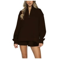 Женска Цврста Јака Патент Пуловер Џемпер Со Долги Ракави Модни Врвки Шорцеви Костум Плус Големина Плажа Прикривање Кафе XL