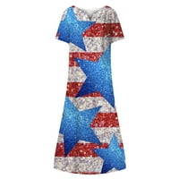 Фустан од 4 јули за плус големина женски девојки лето кратки ракави V-вратот Американски знаме миди фустан