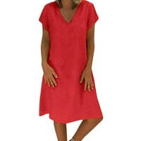 ксинкингхао мода жените лабава v-вратот лето солидна краток ракав памук и лен фустан за жени лето fall кошула фустан црвена