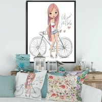 DesignArt „Млада жена со велосипед“ детска уметност врамена платно за печатење на wallидни уметности