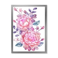 DesignArt 'розови ретро цвеќиња со сини лисја на бело' традиционално врамен уметнички принт