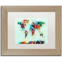 Трговска марка ликовна уметност Светска мапа на мапи се распрскува Канвас уметност од Мајкл Томпсет, бел мат, рамка за бреза