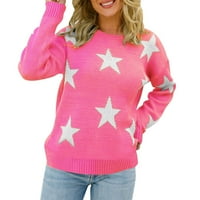 Хупта џемпери за жени со џемпер со долг ракав, случајна елегантна шема на starвезда на вратот, плус големина плетен џемпер врвот