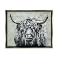 Слупел Хајленд говеда потресени рустикални животни и инсекти сликање сив пловиј врамен уметнички печатен wallид уметност