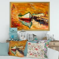 DesignArt 'Црвено -бели чамци покрај пирсот' Наутички и крајбрежен врамен уметнички принт