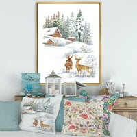 DesignArt „Две елени со зимска куќа“ Фарма куќа врамена платно за печатење на wallидни уметности